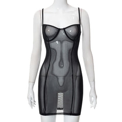 Sheer mesh see through solid low cut cami mini dress  | samba dress