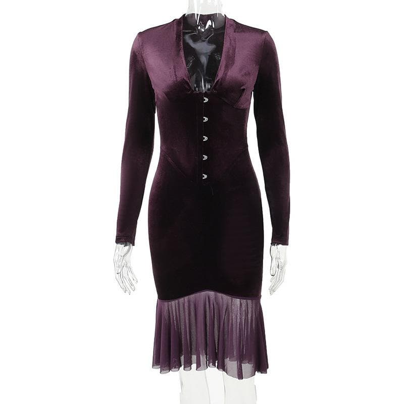 Velvet button ruffle long sleeve v neck solid midi dress  | red tango dress