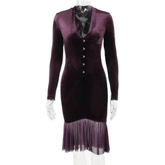 Velvet button ruffle long sleeve v neck solid midi dress  | red tango dress