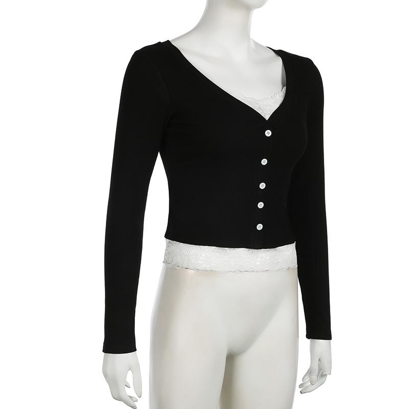 Long sleeve v neck lace hem button top