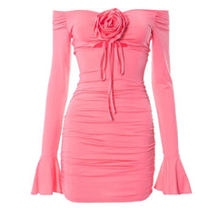 Flower applique hollow out ruched long flared sleeve mini dress