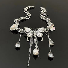 Butterfly flower pendant metal chain choker necklace