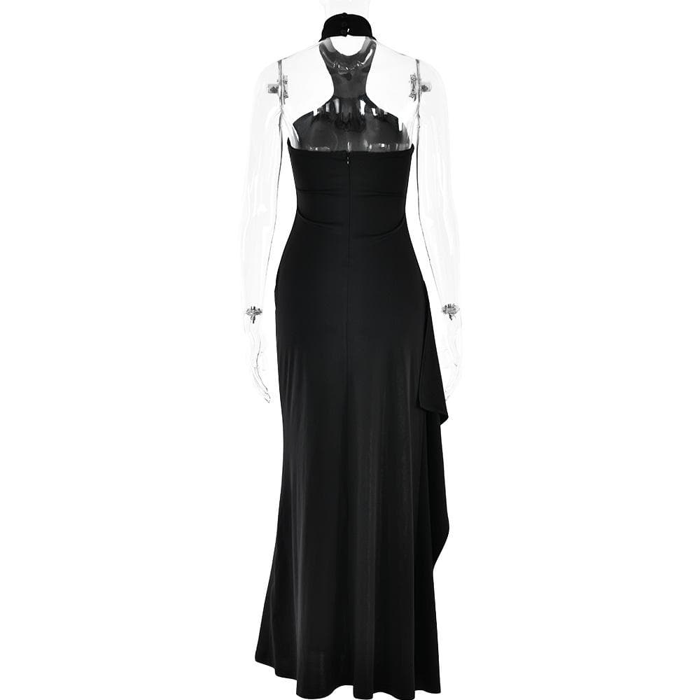 Halter high slit zip-up irregular maxi dress