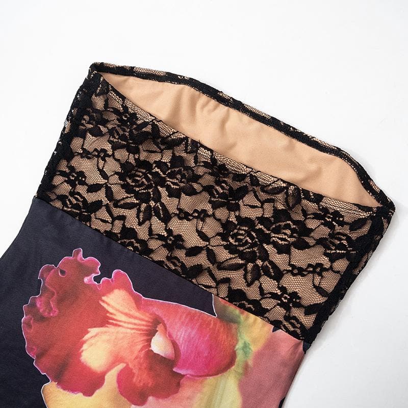Lace flower print patchwork backless tube maxi dress