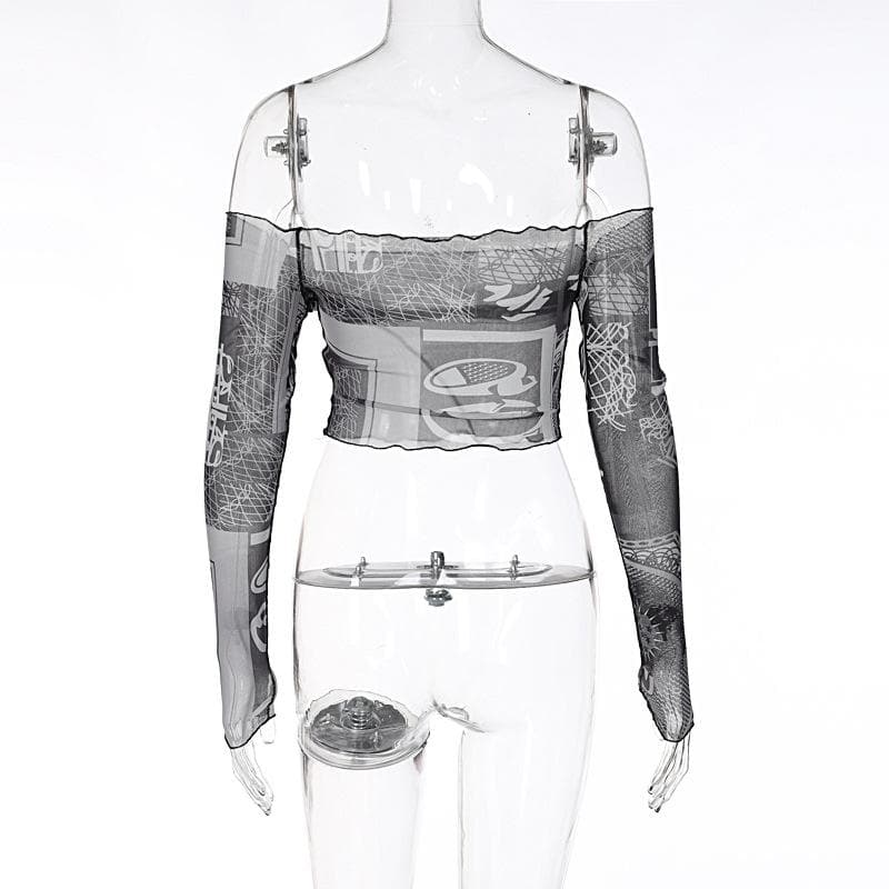Sheer mesh see through off shoulder stitch contrast crop top
