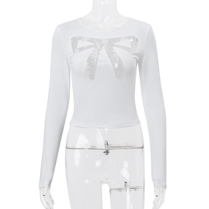 Long sleeve bowknot pattern lace mesh patchwork crewneck top