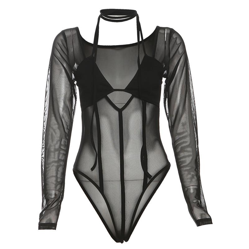 Halter long sleeve mesh hollow out bodysuit