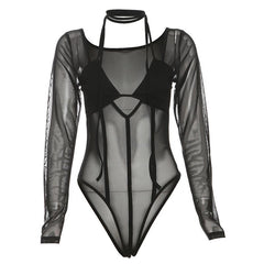 Halter long sleeve mesh hollow out bodysuit
