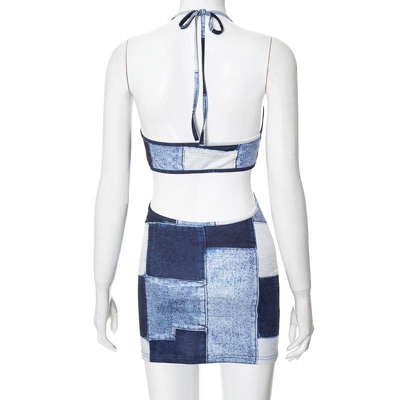 Halter patchwork denim hollow out mini dress