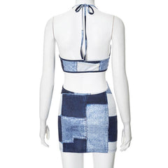 Halter patchwork denim hollow out mini dress