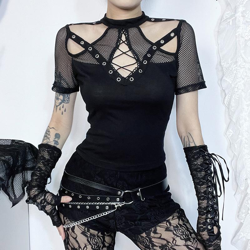 Short sleeve fishnet hollow out patchwork top