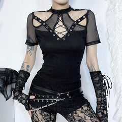 Short sleeve fishnet hollow out patchwork top
