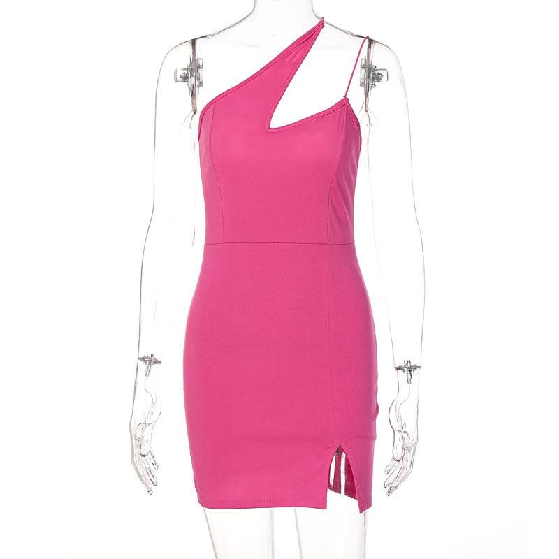 Hollow out slit solid sleeveless one shoulder backless mini dress  | red tango dress