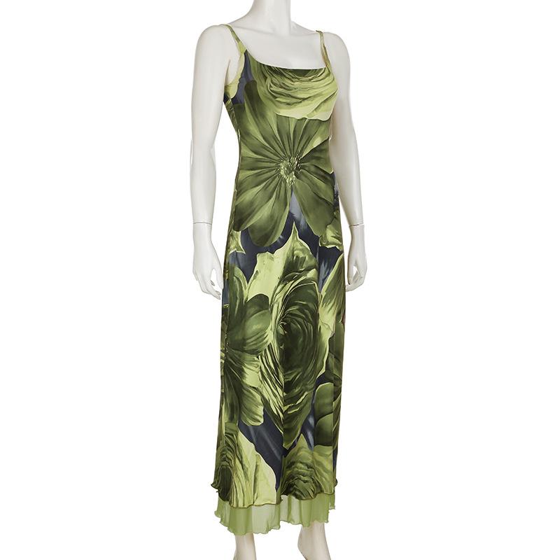 U neck flower print mesh cami maxi dress