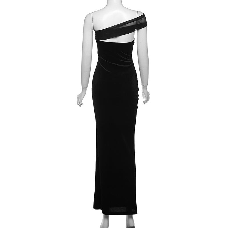 One shoulder irregular hollow out velvet mesh maxi dress