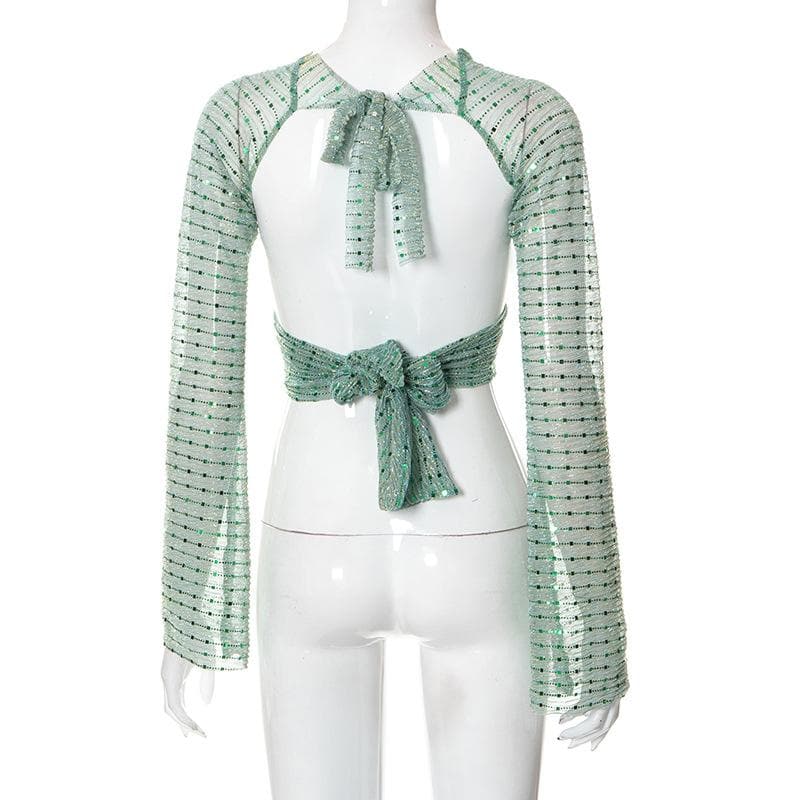 Sheer mesh see through knotted self tie long sleeve glitter crop top
