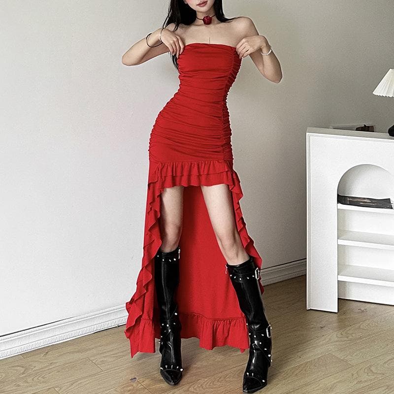 Ruched ruffle solid backless tube maxi dress  | red tango dress