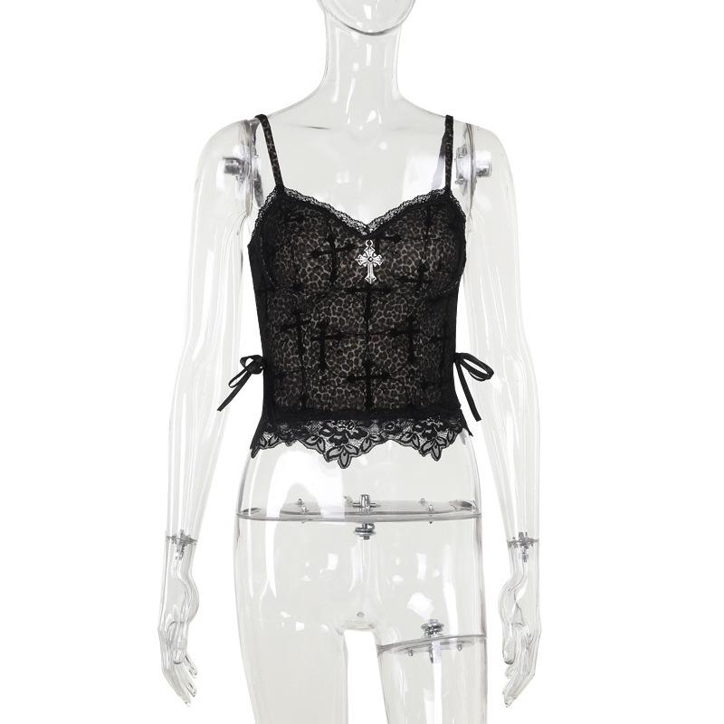 Leopard print cross pattern bowknot lace cami top