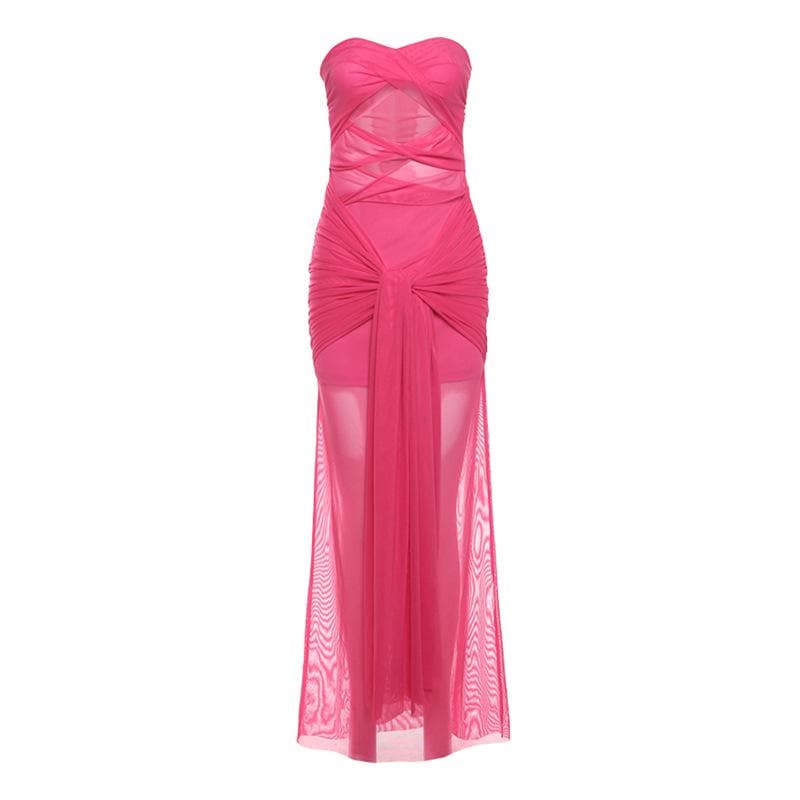 Mesh ruched hollow out see through tube cut out maxi dress  | red tango dress