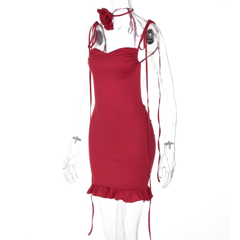 Rose applique ruched ruffle knotted cami mini dress  | red tango dress