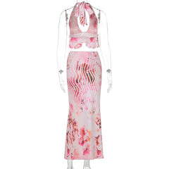 Halter print deep v neck ruffle midi skirt set