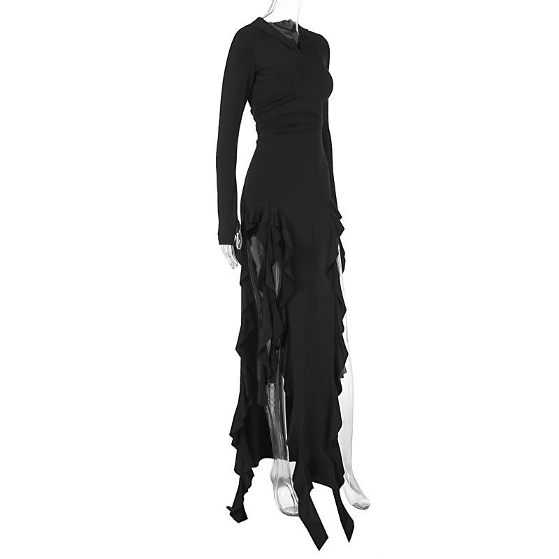 Long sleeve hoodie gloves ruffle maxi dress  | red tango dress