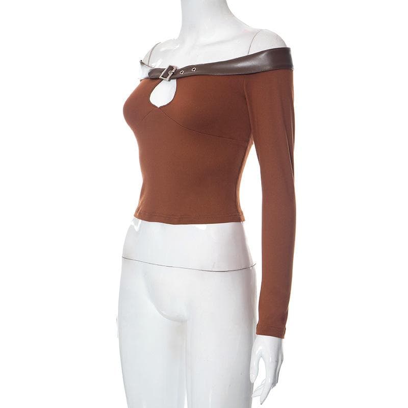 Buckle PU leather patchwork off shoulder contrast long sleeve top