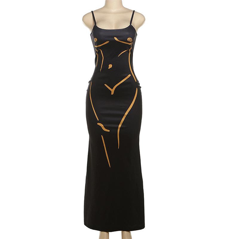 U neck body print backless contrast cami maxi dress