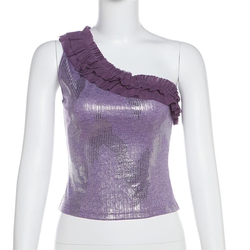 One shoulder ruffle print metallic irregular top