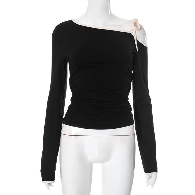 One shoulder long sleeve self tie top