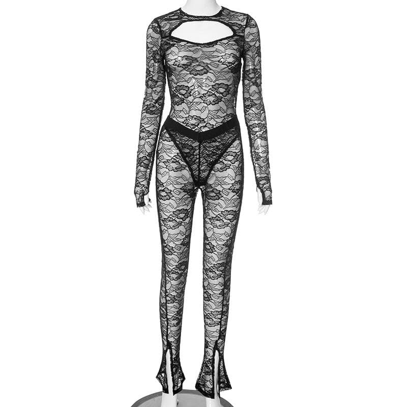 Long sleeve hollow out lace see through pant set