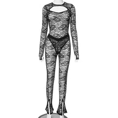 Long sleeve hollow out lace see through pant set