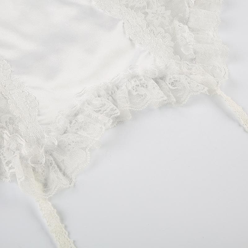 Satin patchwork lace bowknot ruffle ruched cami top