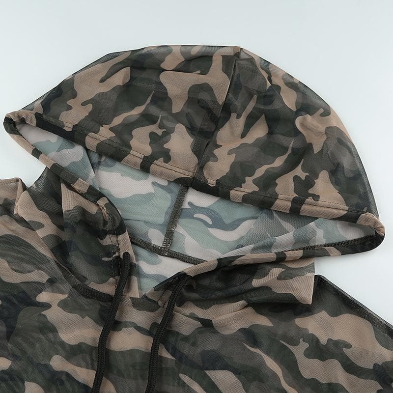 Sheer mesh drawstring long sleeve camouflage hoodie smock