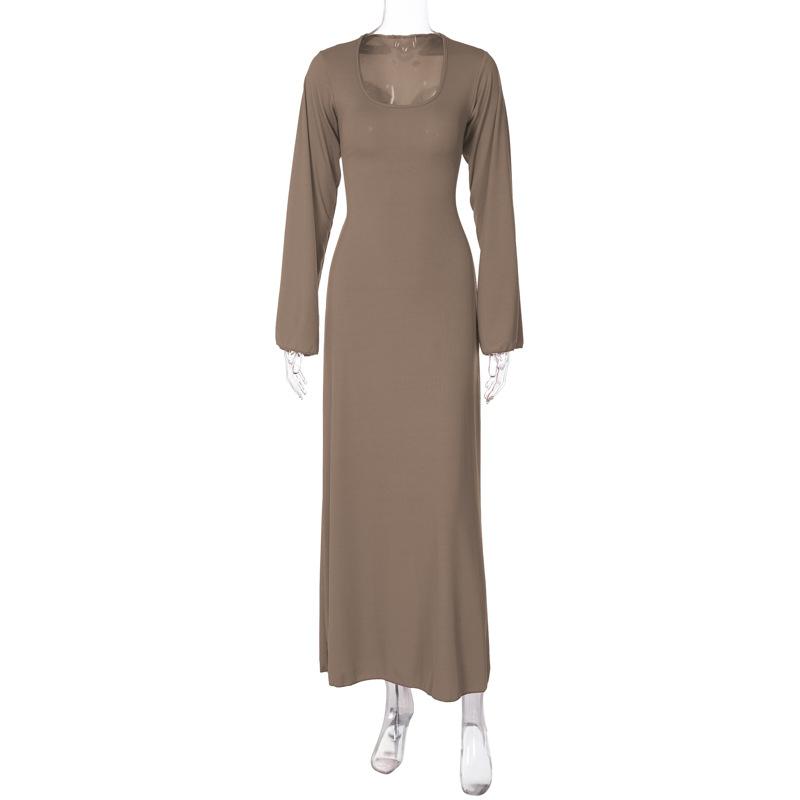 Long sleeve u neck ribbed solid maxi dress  | red tango dress