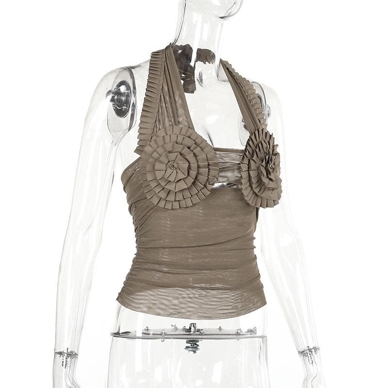 Halter pleated hollow out ruched mesh backless cut out top
