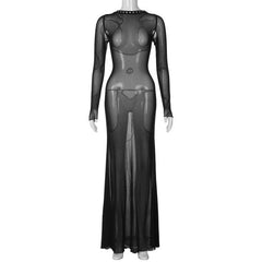Long sleeve lace up sheer mesh see through maxi dress  | red tango dress  | samba dress