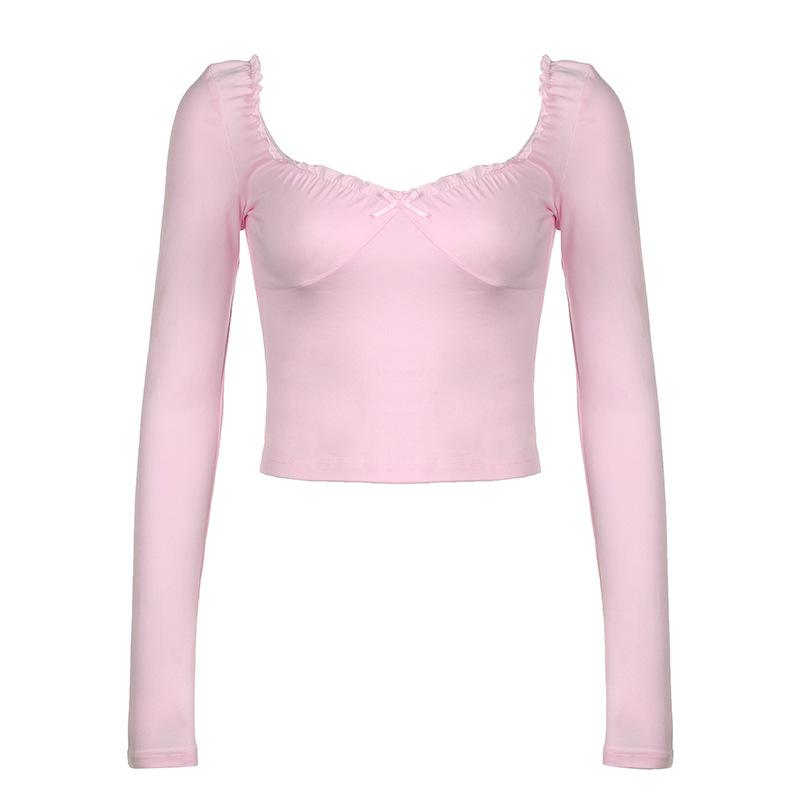 Long sleeve bowknot sweetheart neck ruffle top