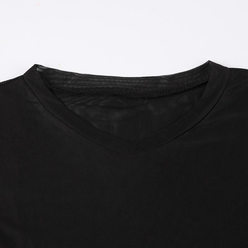 Short sleeve sheer mesh ruffle crop top