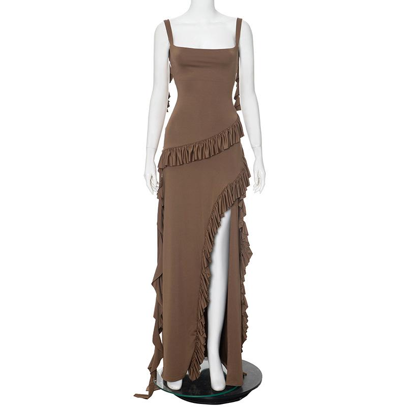 Square neck ruffle high slit cami maxi dress