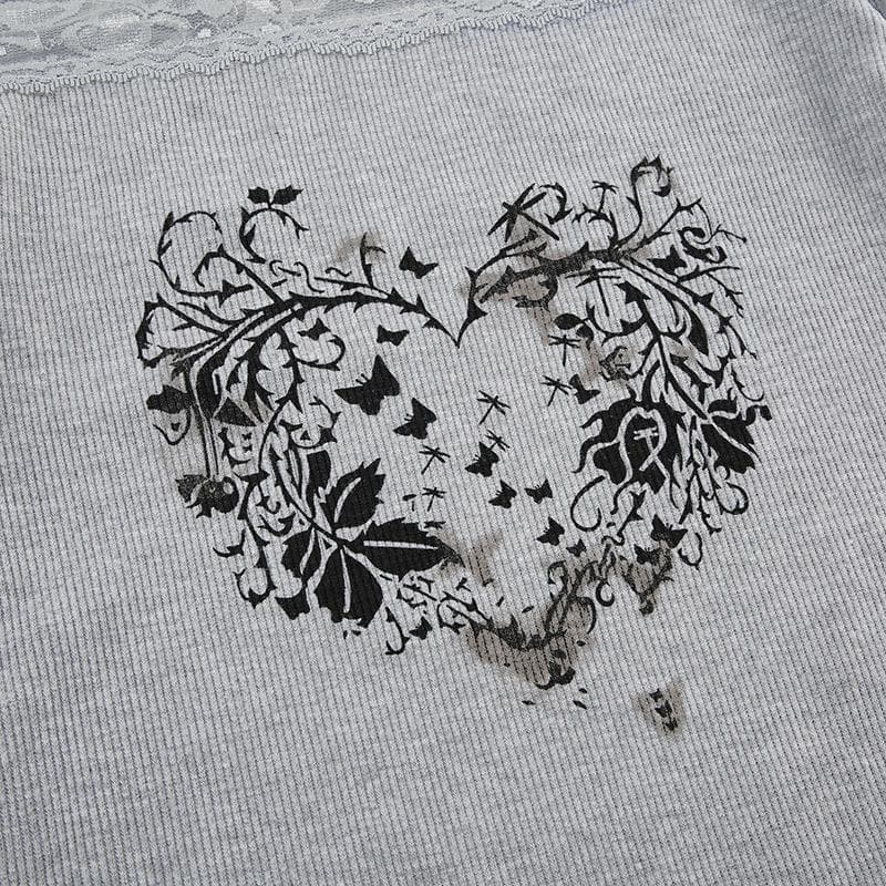Long sleeve off shoulder ribbed heart pattern lace hem top