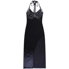 Metal chain halter self tie backless slit midi dress