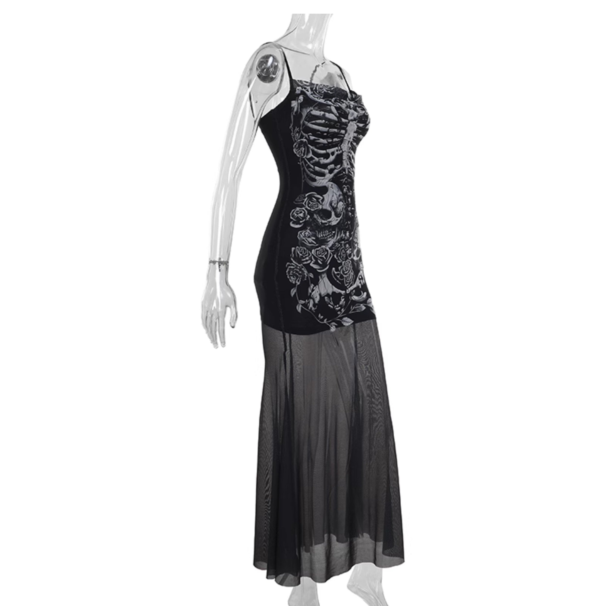 Human skeleton print mesh cami maxi dress