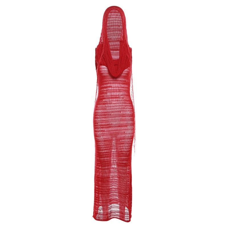 Crochet solid hoodie sleeveless see through maxi dress  | red tango dress