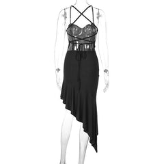 Ruched irregular cross back ruffle cami midi dress  | black rave dress