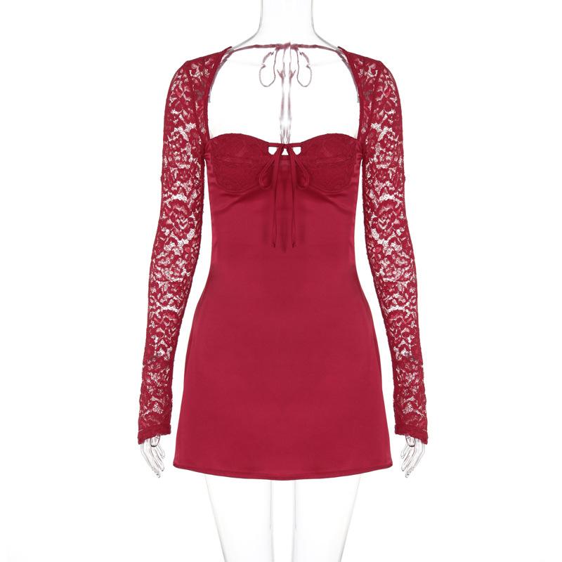 Long sleeve lace knotted ruched solid mini dress  | red tango dress