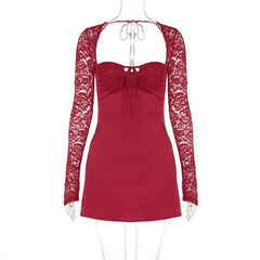 Long sleeve lace knotted ruched solid mini dress  | red tango dress