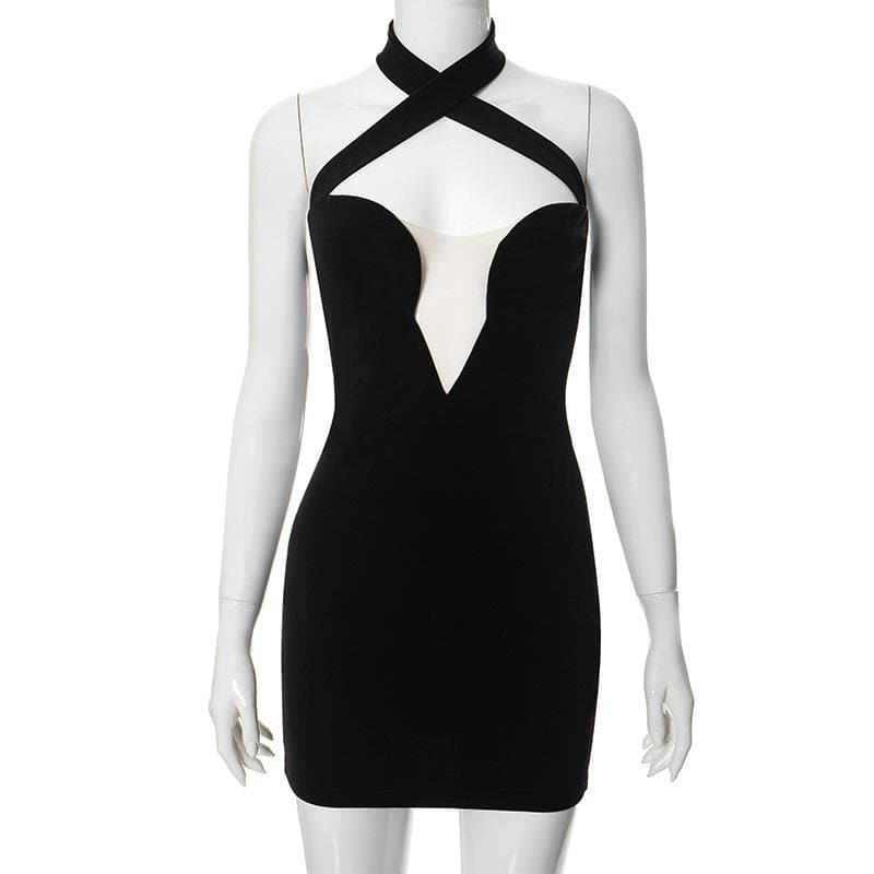 Halter cross front v neck solid backless mini dress  | black rave dress