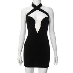 Halter cross front v neck solid backless mini dress  | black rave dress