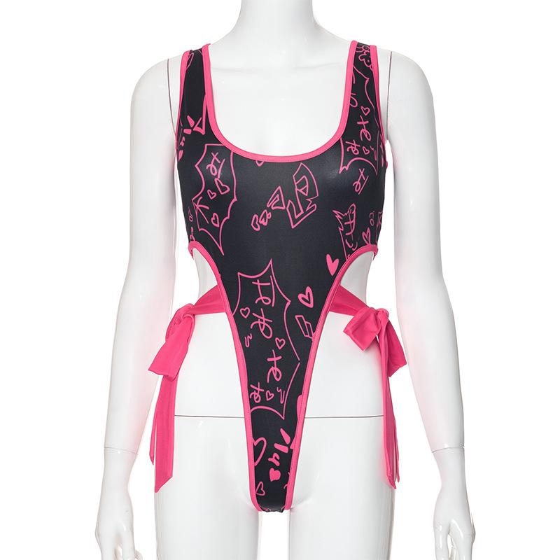U neck print self tie hollow out tank bodysuit